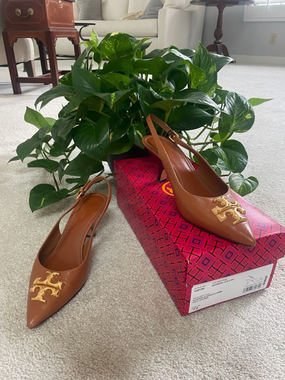 Tory Burch Tan Leather Pointed-Toe Slingback Mules with Gold Logo